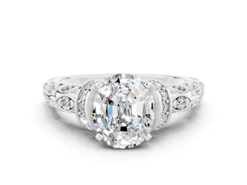 White gold Oval Cut Moissanite Solitaire Ring with Filigree Band and Four-Prong Setting_24