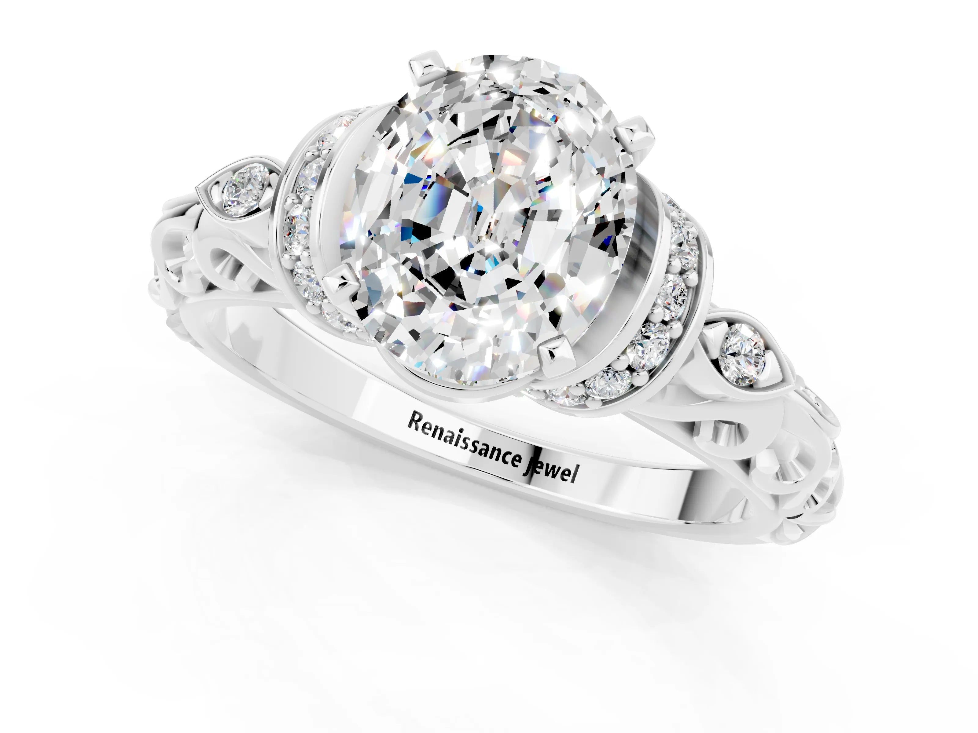 White gold Oval Cut Moissanite Solitaire Ring with Filigree Band and Four-Prong Setting_25