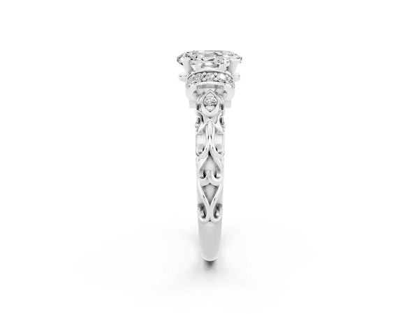 Platinum Oval Cut Moissanite Solitaire Ring with Filigree Band and Four-Prong Setting