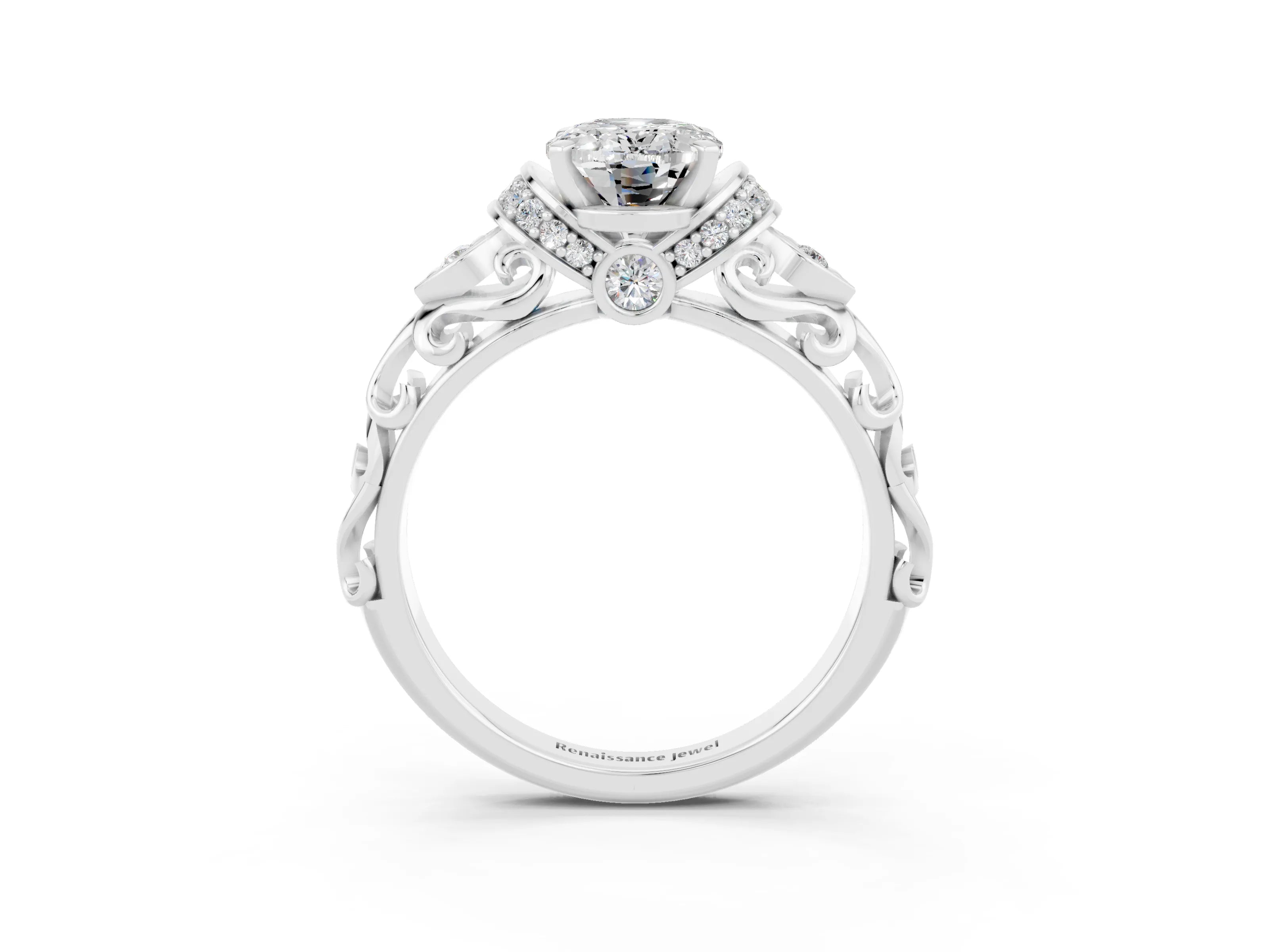 White gold Oval Cut Moissanite Solitaire Ring with Filigree Band and Four-Prong Setting_27