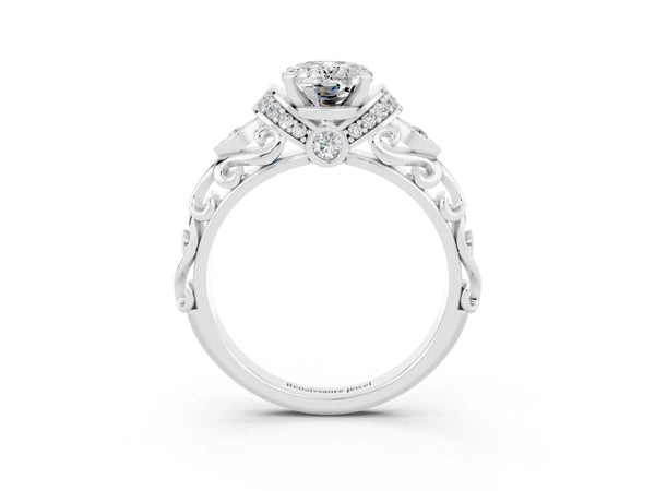 Silver Oval Cut Moissanite Solitaire Ring with Filigree Band and Four-Prong Setting