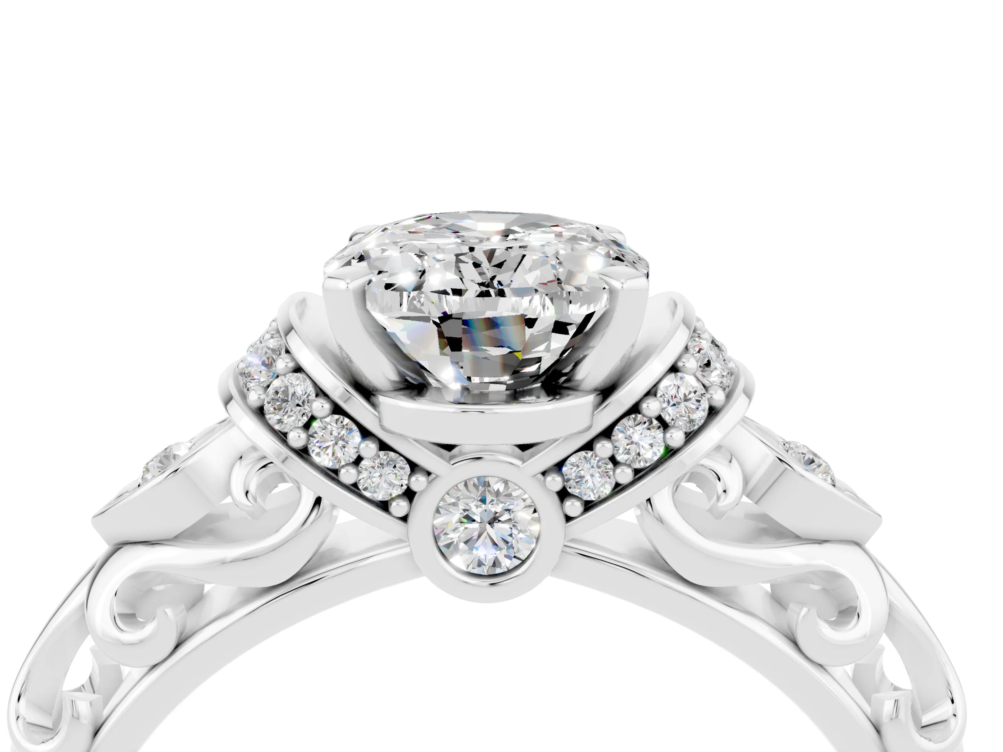 White gold Oval Cut Moissanite Solitaire Ring with Filigree Band and Four-Prong Setting_28