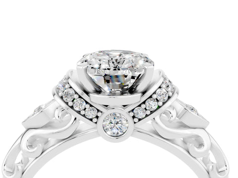 White gold Oval Cut Moissanite Solitaire Ring with Filigree Band and Four-Prong Setting_28