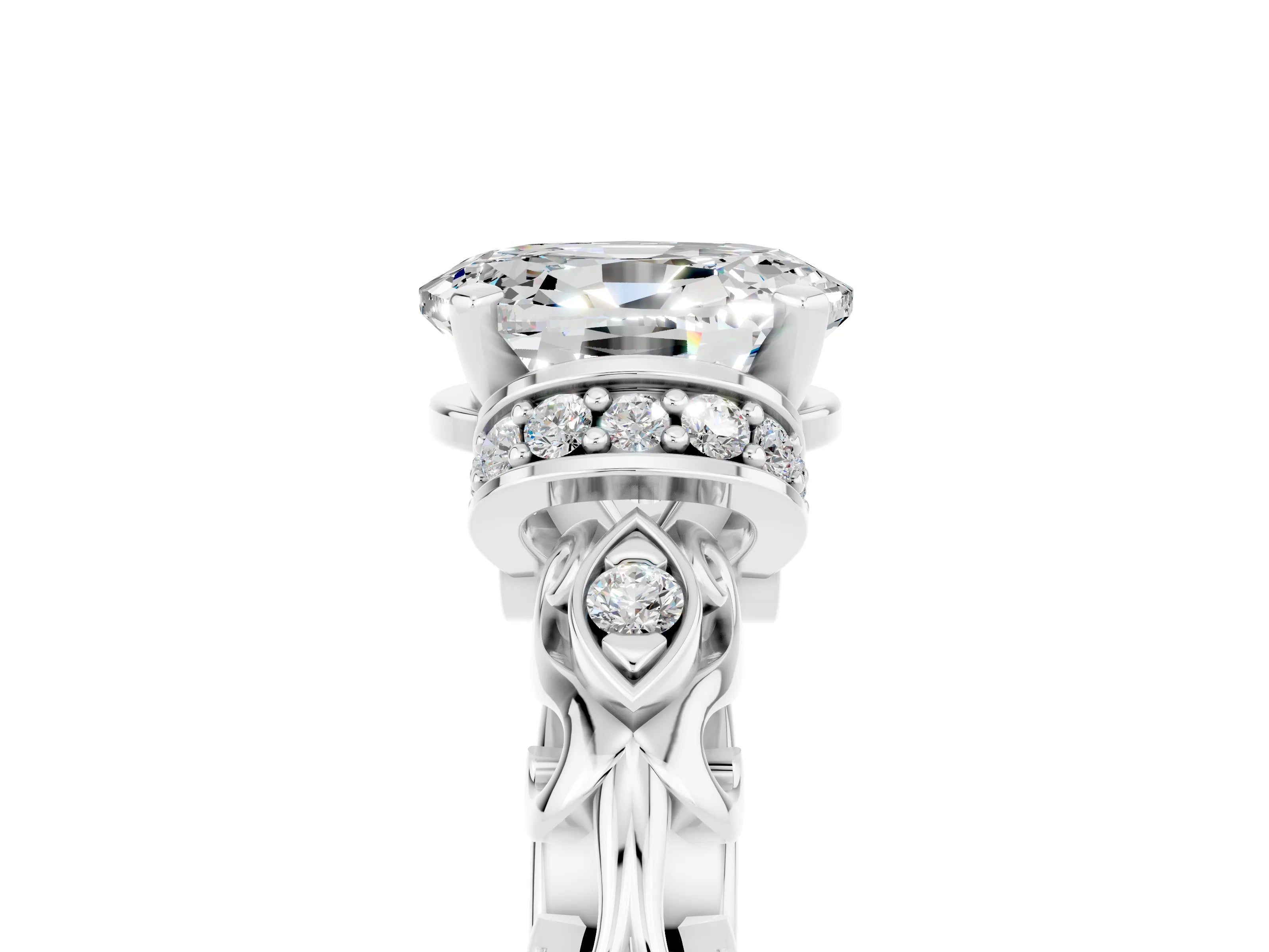 White gold Oval Cut Moissanite Solitaire Ring with Filigree Band and Four-Prong Setting_29