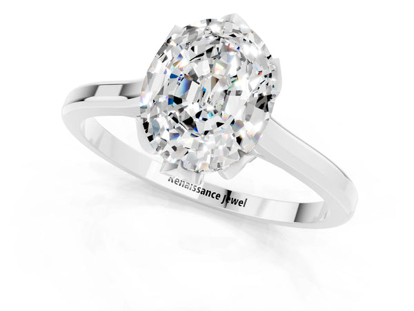 White gold Oval Cut Moissanite Solitaire Ring with Flower Prong Setting and Classic Band