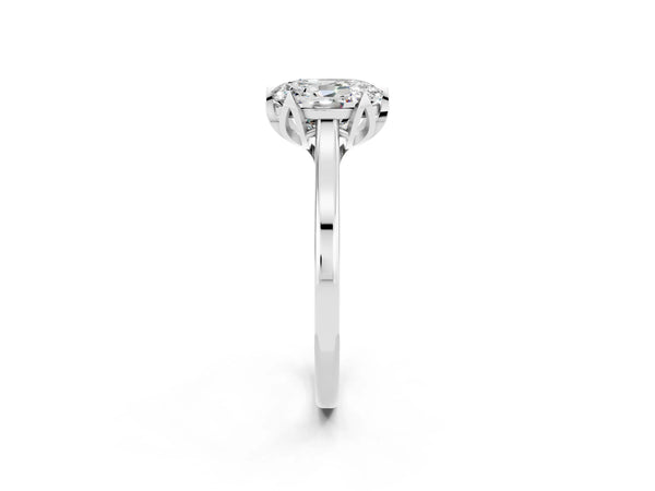 Silver Oval Cut Moissanite Solitaire Ring with Flower Prong Setting and Classic Band