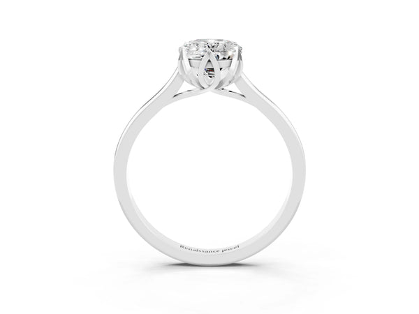 White gold Oval Cut Moissanite Solitaire Ring with Flower Prong Setting and Classic Band