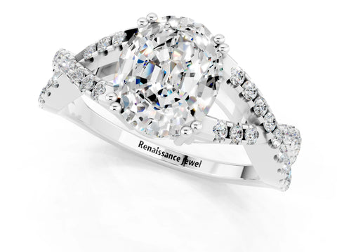 White gold Oval Cut Moissanite Solitaire Ring with Four-Prong Setting and Twisted Pavé Band_1