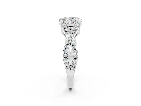 Platinum Oval Cut Moissanite Solitaire Ring with Four-Prong Setting and Twisted Pavé Band
