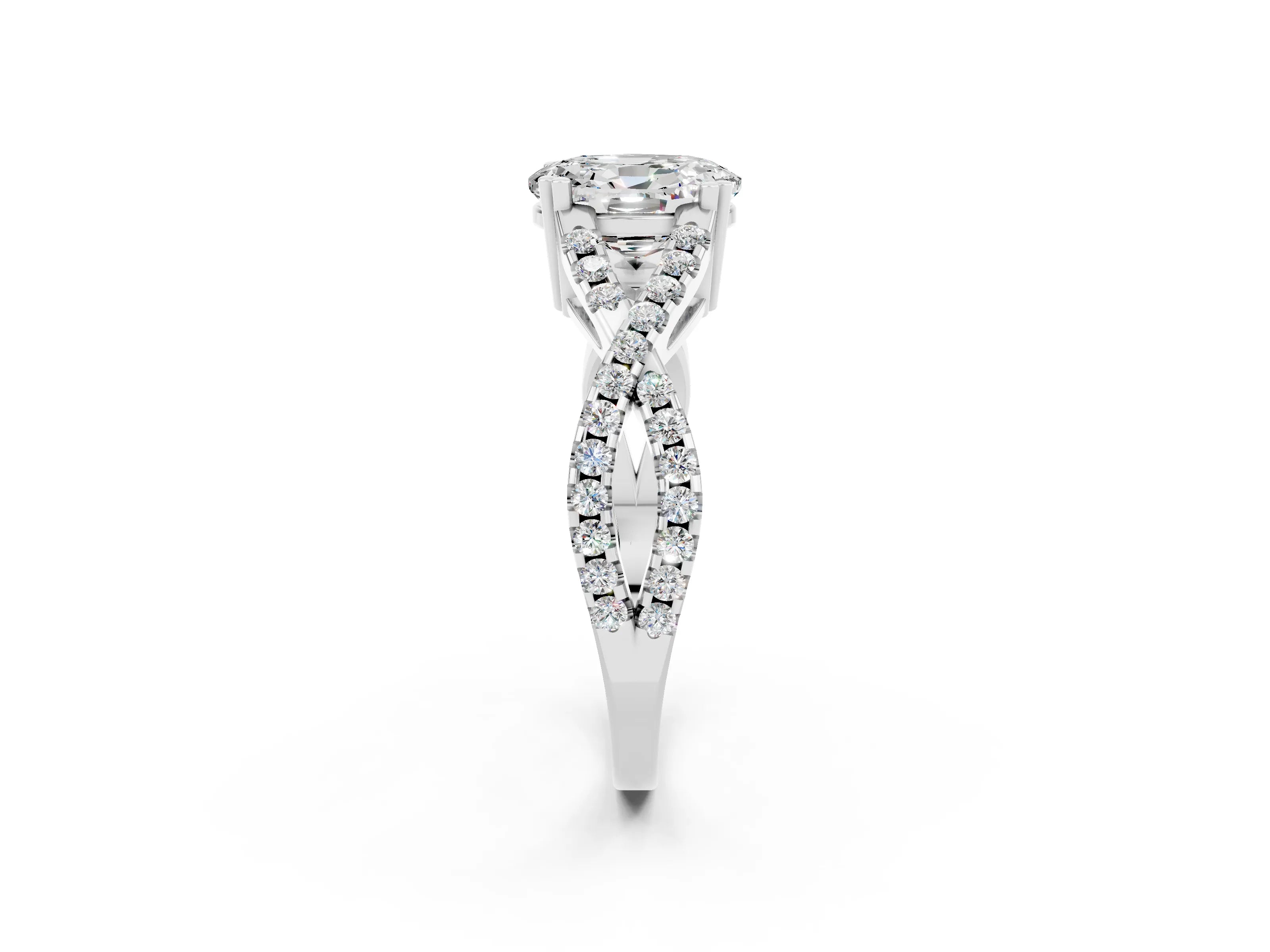 White gold Oval Cut Moissanite Solitaire Ring with Four-Prong Setting and Twisted Pavé Band_2