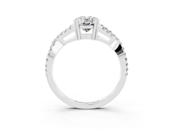 Platinum Oval Cut Moissanite Solitaire Ring with Four-Prong Setting and Twisted Pavé Band