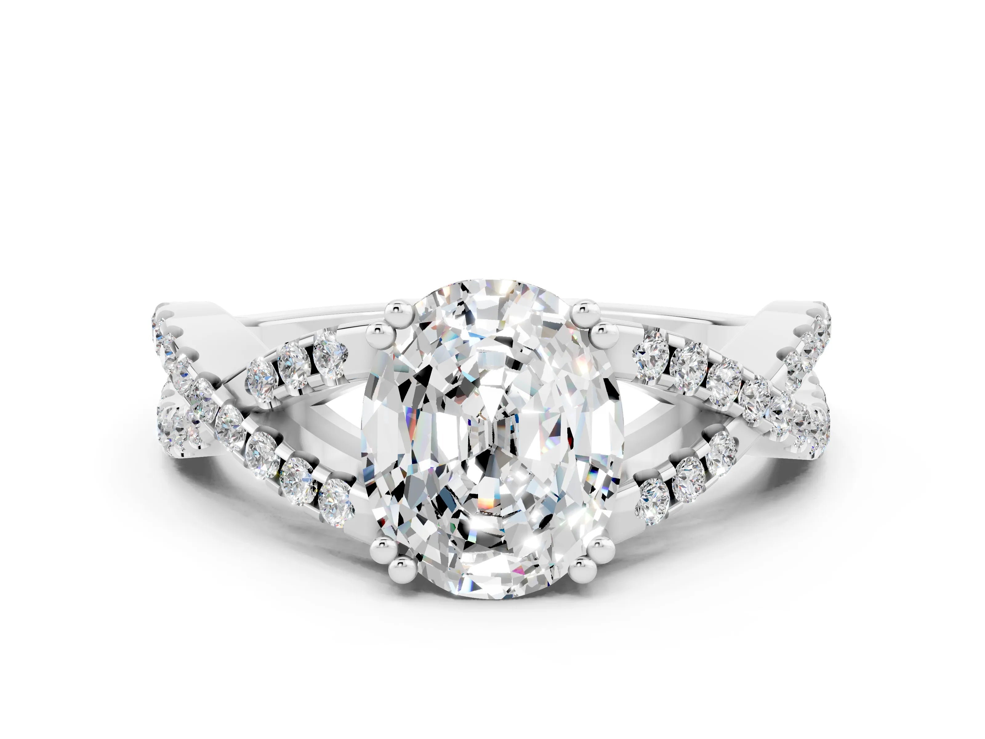 White gold Oval Cut Moissanite Solitaire Ring with Four-Prong Setting and Twisted Pavé Band