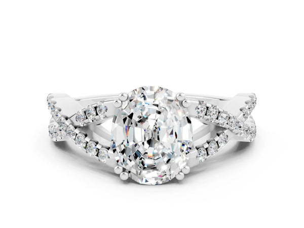 Silver Oval Cut Moissanite Solitaire Ring with Four-Prong Setting and Twisted Pavé Band