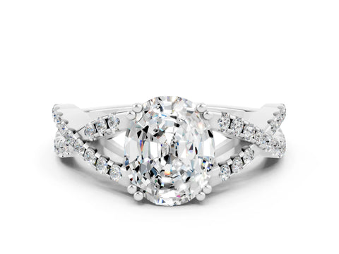 White gold Oval Cut Moissanite Solitaire Ring with Four-Prong Setting and Twisted Pavé Band