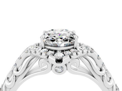 White gold Oval Cut Moissanite Solitaire Ring with Hidden Halo and Pavé Band_16