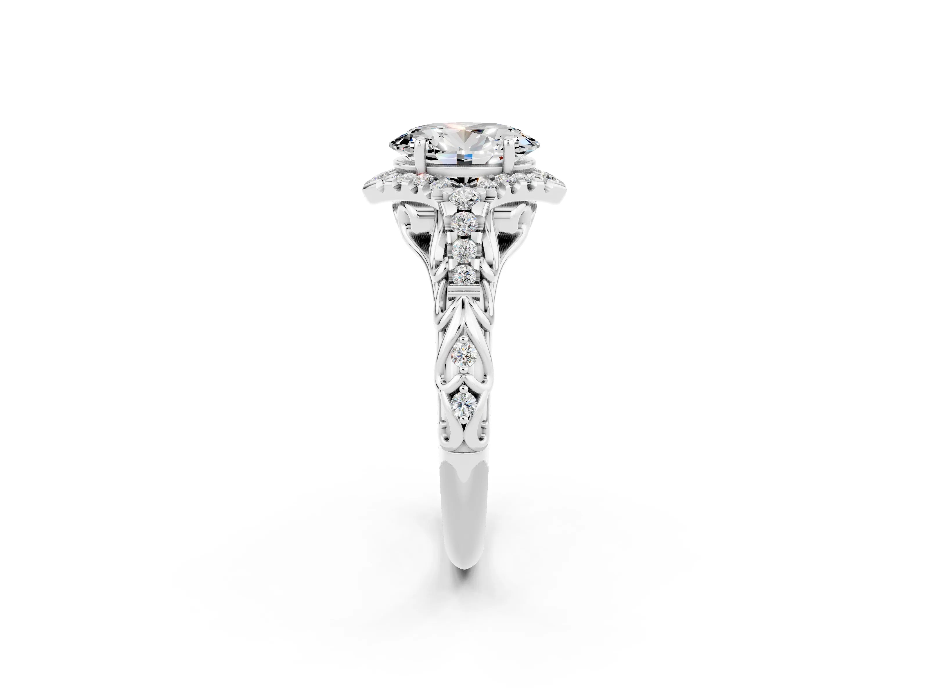 White gold Oval Cut Moissanite Solitaire Ring with Hidden Halo and Pavé Band_24