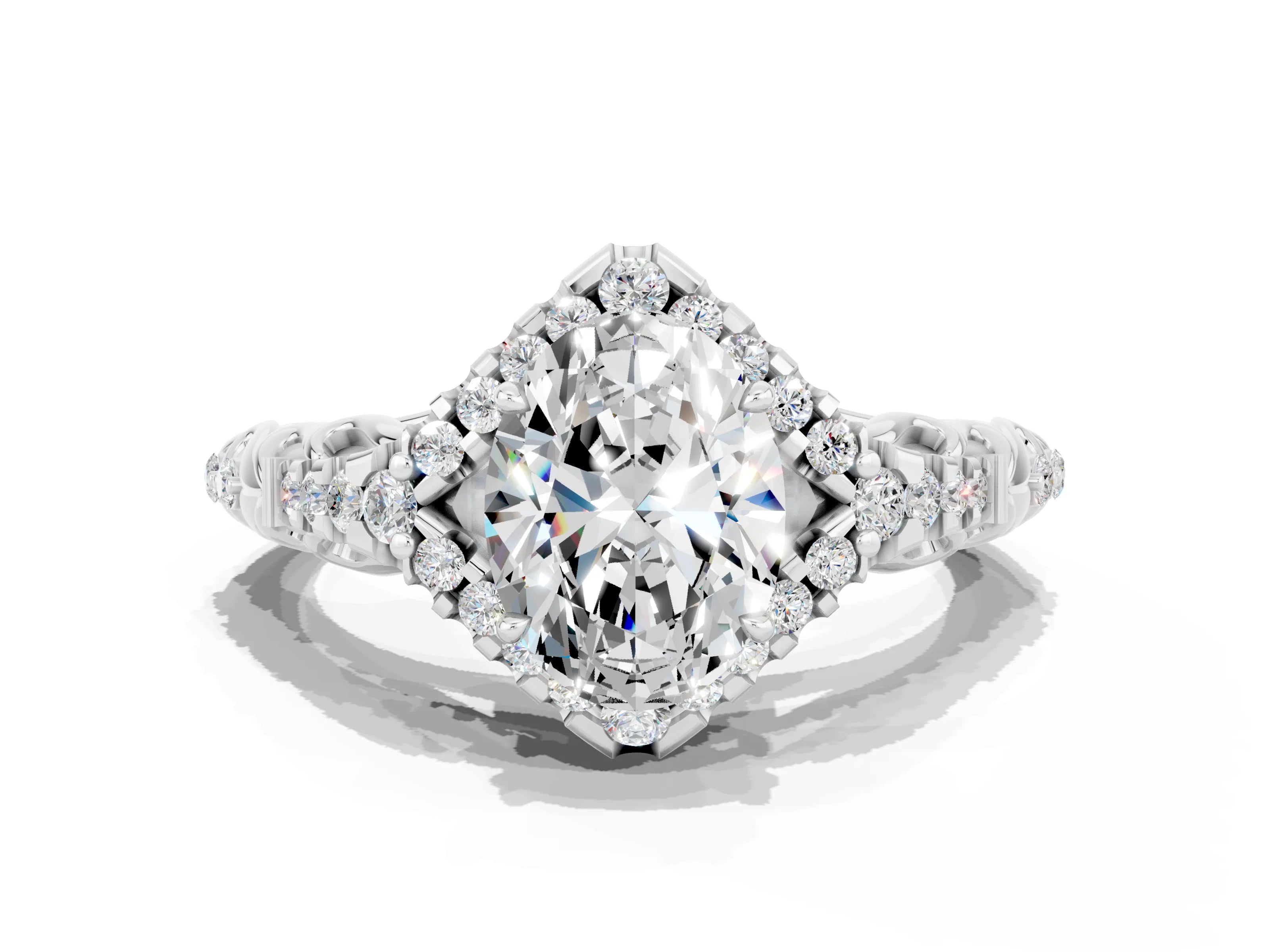 White gold Oval Cut Moissanite Solitaire Ring with Hidden Halo and Pavé Band_24