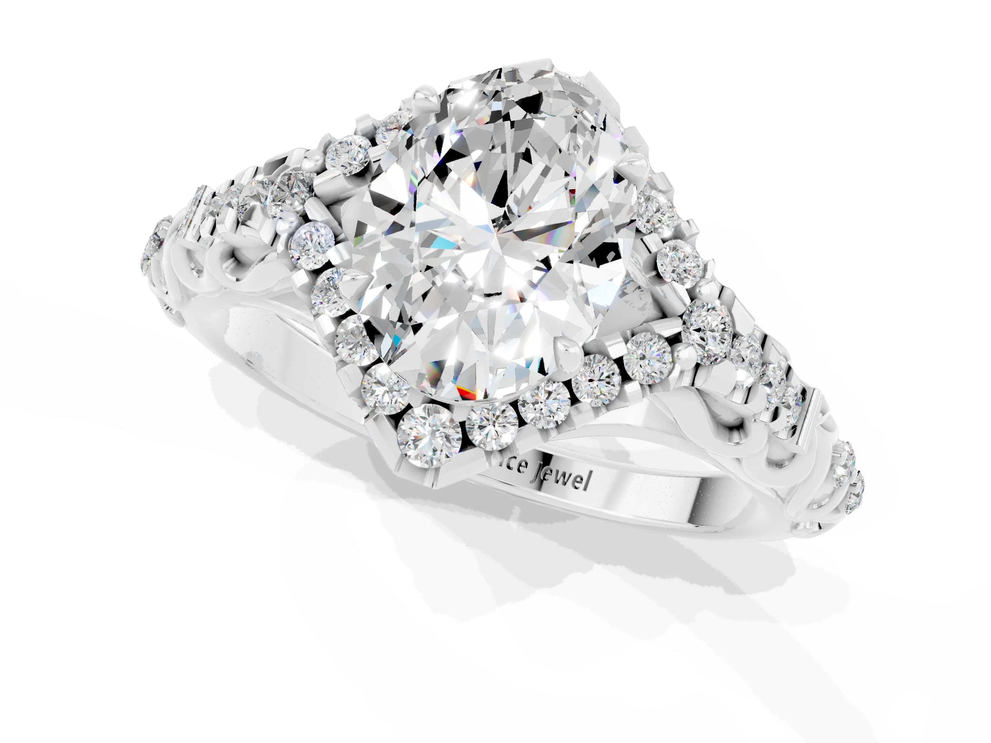 White gold Oval Cut Moissanite Solitaire Ring with Hidden Halo and Pavé Band_25
