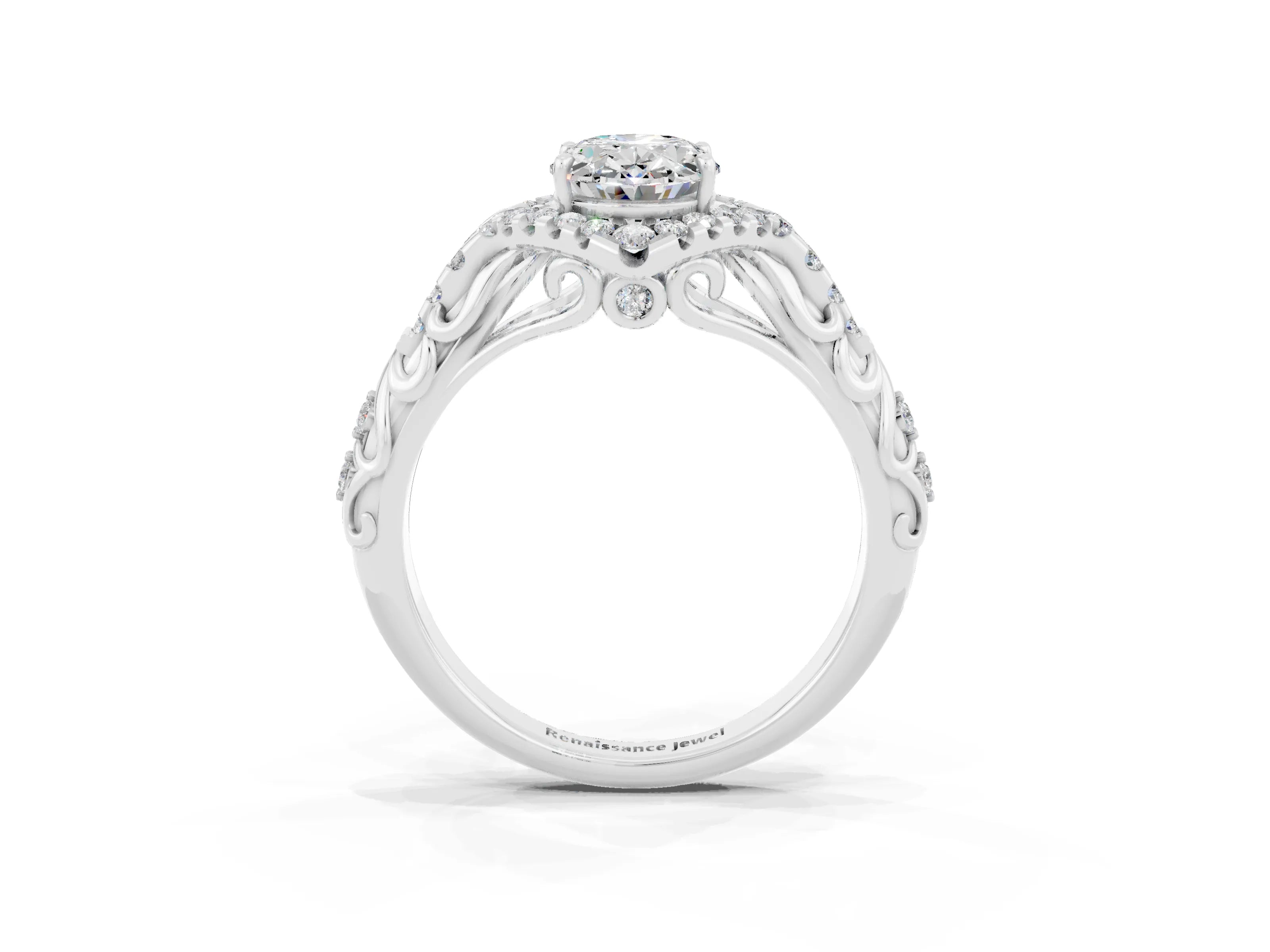 White gold Oval Cut Moissanite Solitaire Ring with Hidden Halo and Pavé Band_27