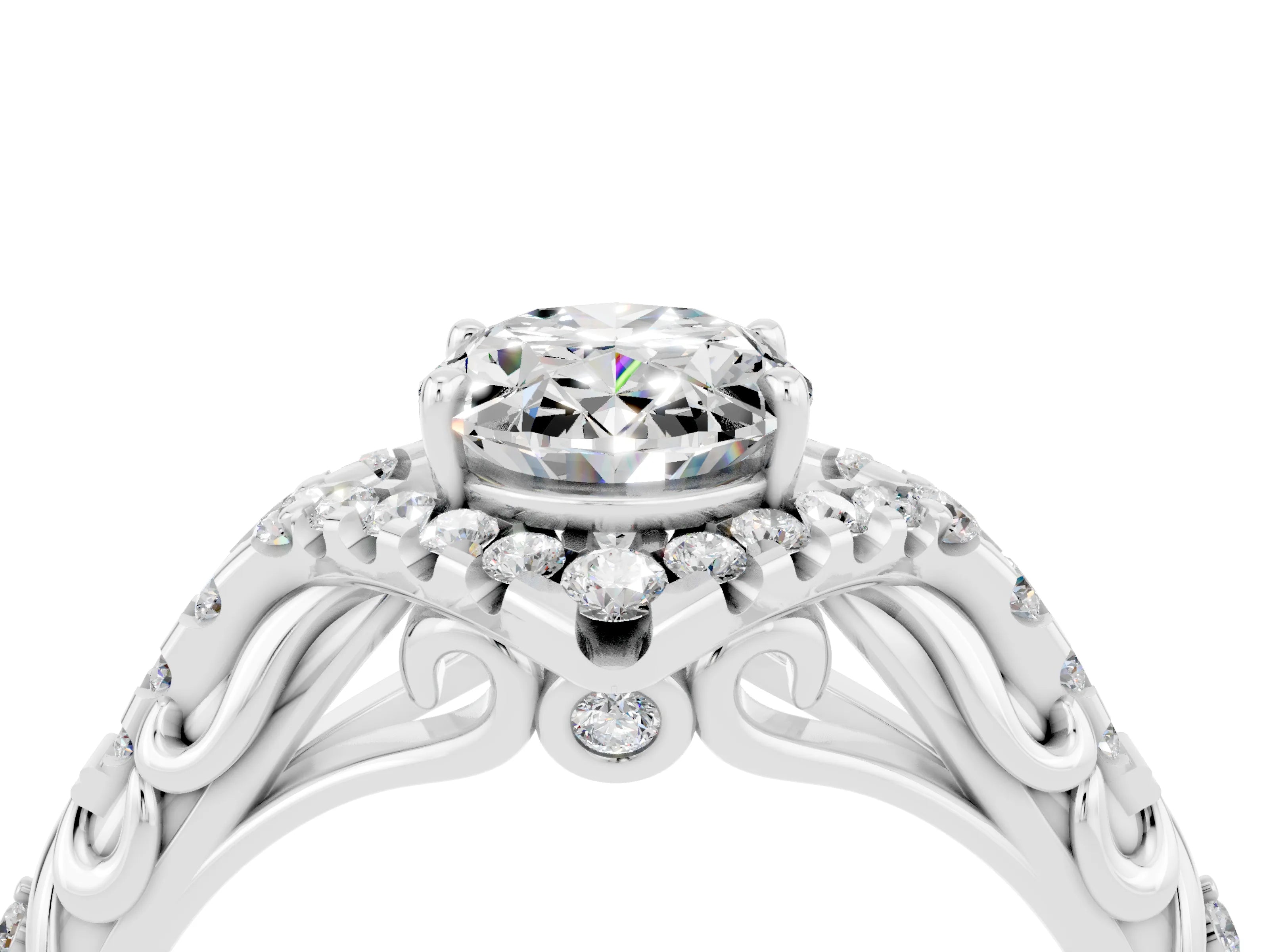 White gold Oval Cut Moissanite Solitaire Ring with Hidden Halo and Pavé Band_28