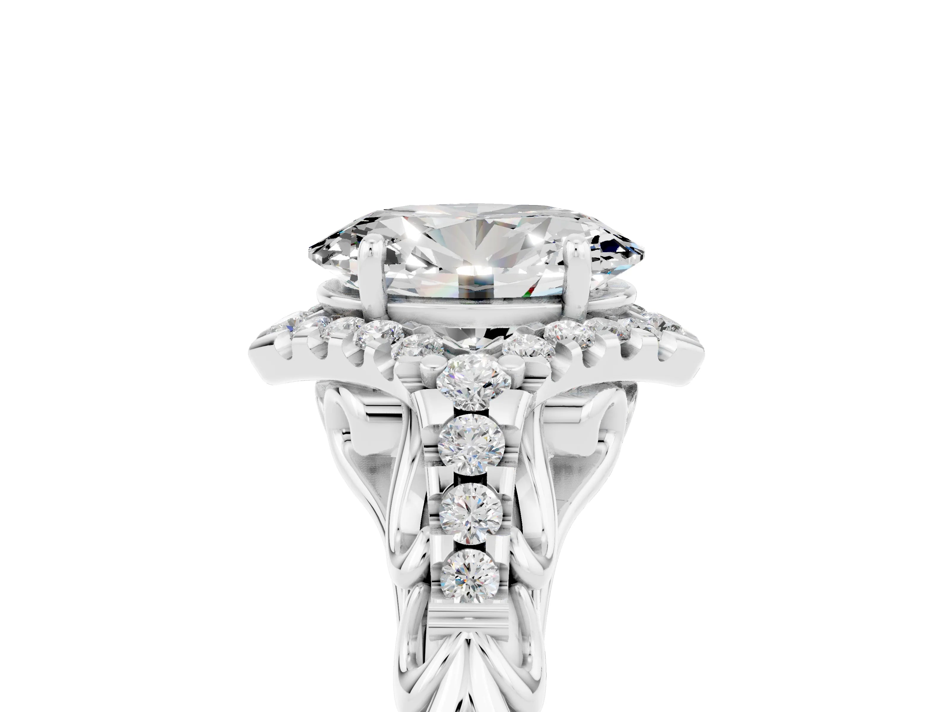 White gold Oval Cut Moissanite Solitaire Ring with Hidden Halo and Pavé Band_29