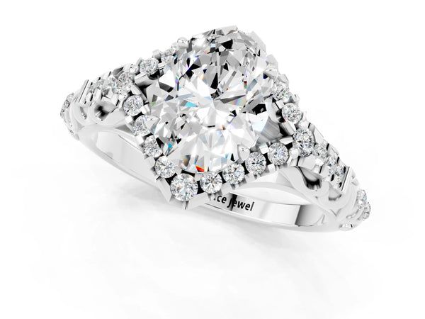 White gold Oval Cut Moissanite Solitaire Ring with Hidden Halo and Pavé Band