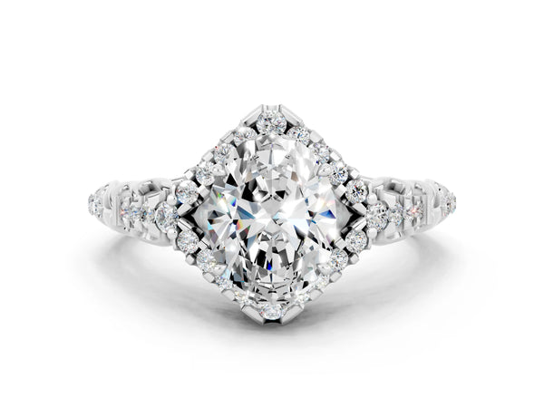 Platinum Oval Cut Moissanite Solitaire Ring with Hidden Halo and Pavé Band
