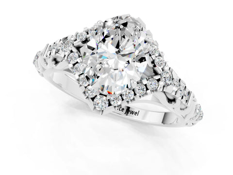 White gold Oval Cut Moissanite Solitaire Ring with Hidden Halo and Pavé Band_37