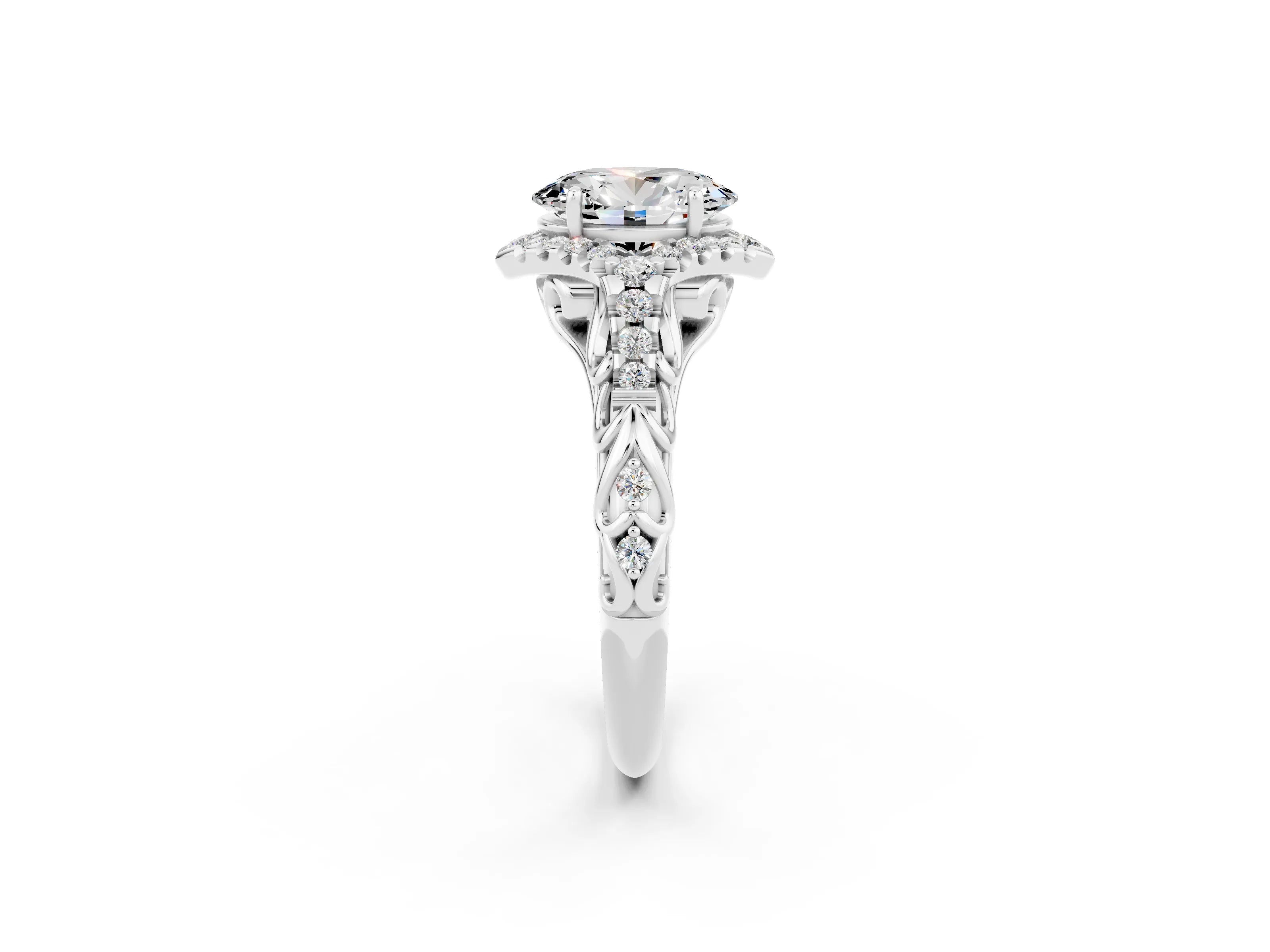 White gold Oval Cut Moissanite Solitaire Ring with Hidden Halo and Pavé Band_38