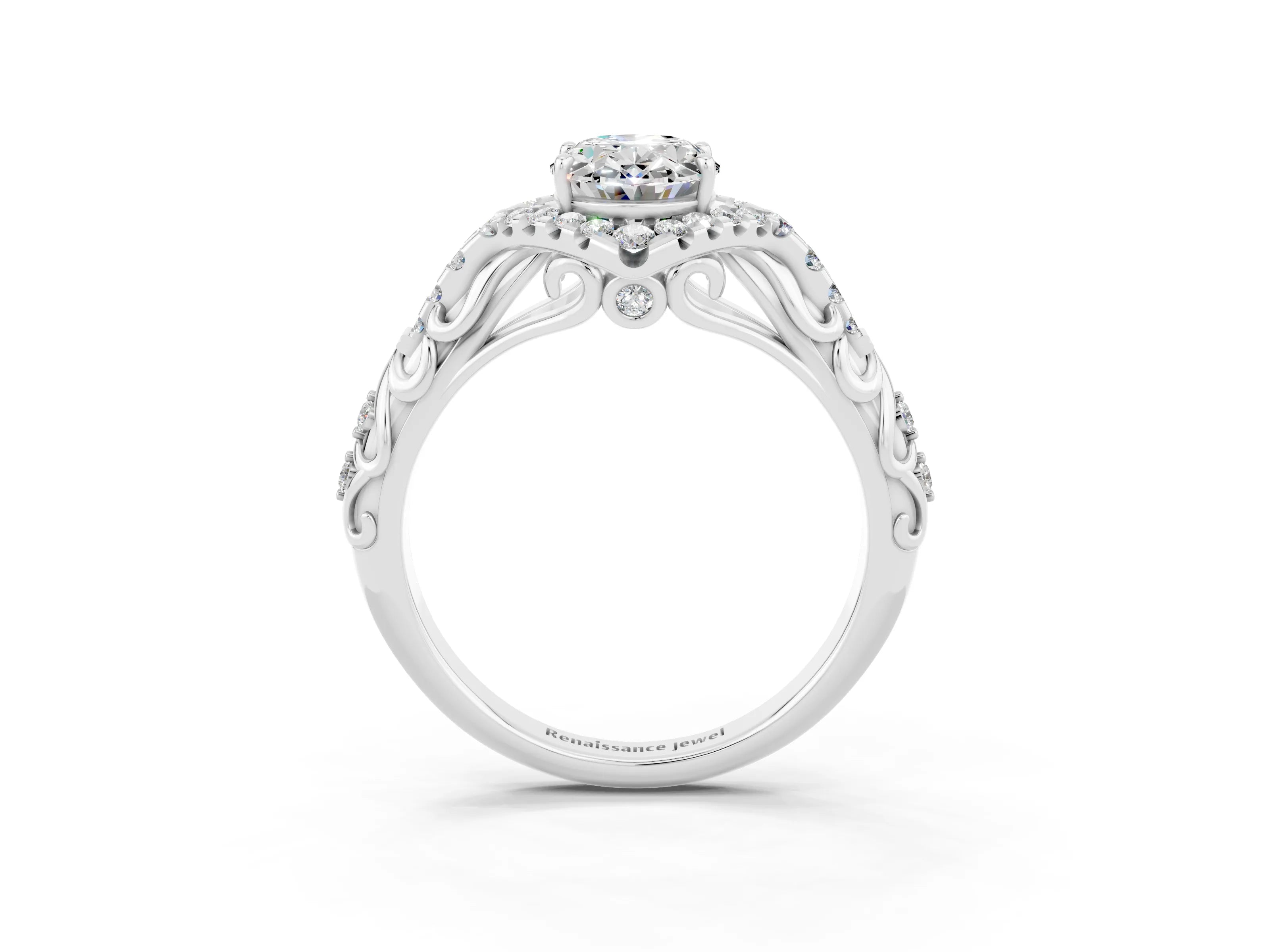 White gold Oval Cut Moissanite Solitaire Ring with Hidden Halo and Pavé Band_39