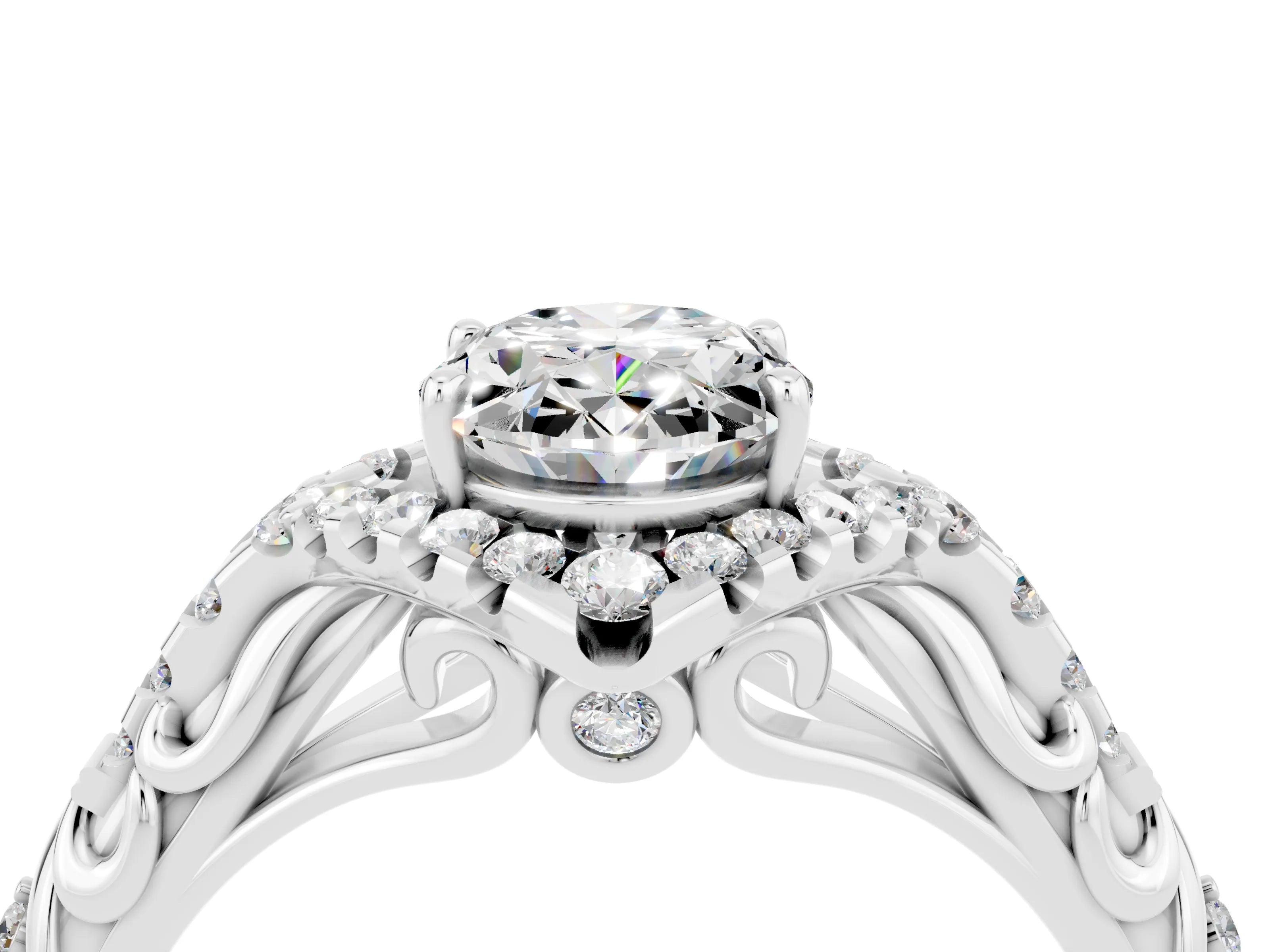 White gold Oval Cut Moissanite Solitaire Ring with Hidden Halo and Pavé Band_40