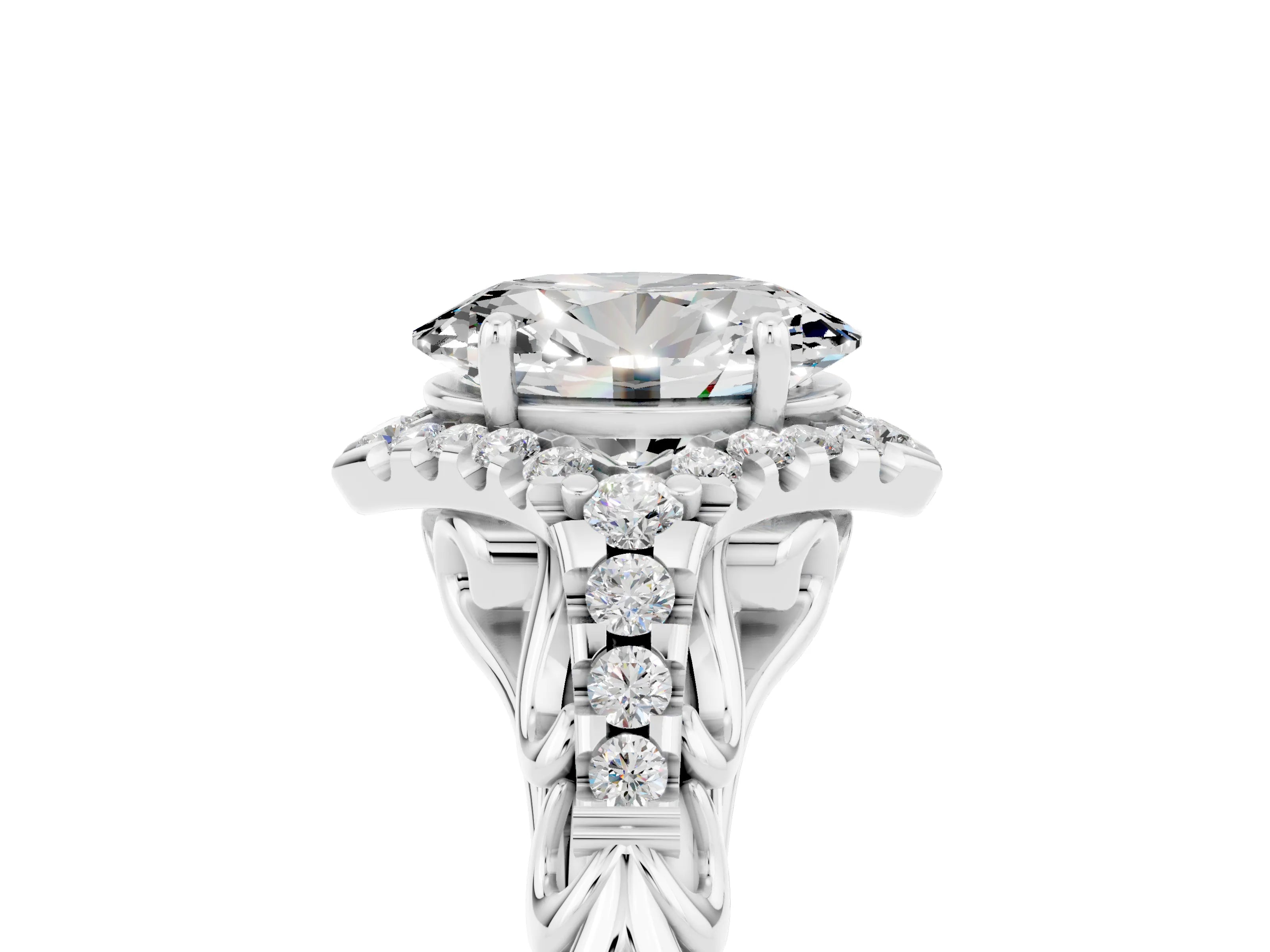 White gold Oval Cut Moissanite Solitaire Ring with Hidden Halo and Pavé Band_41