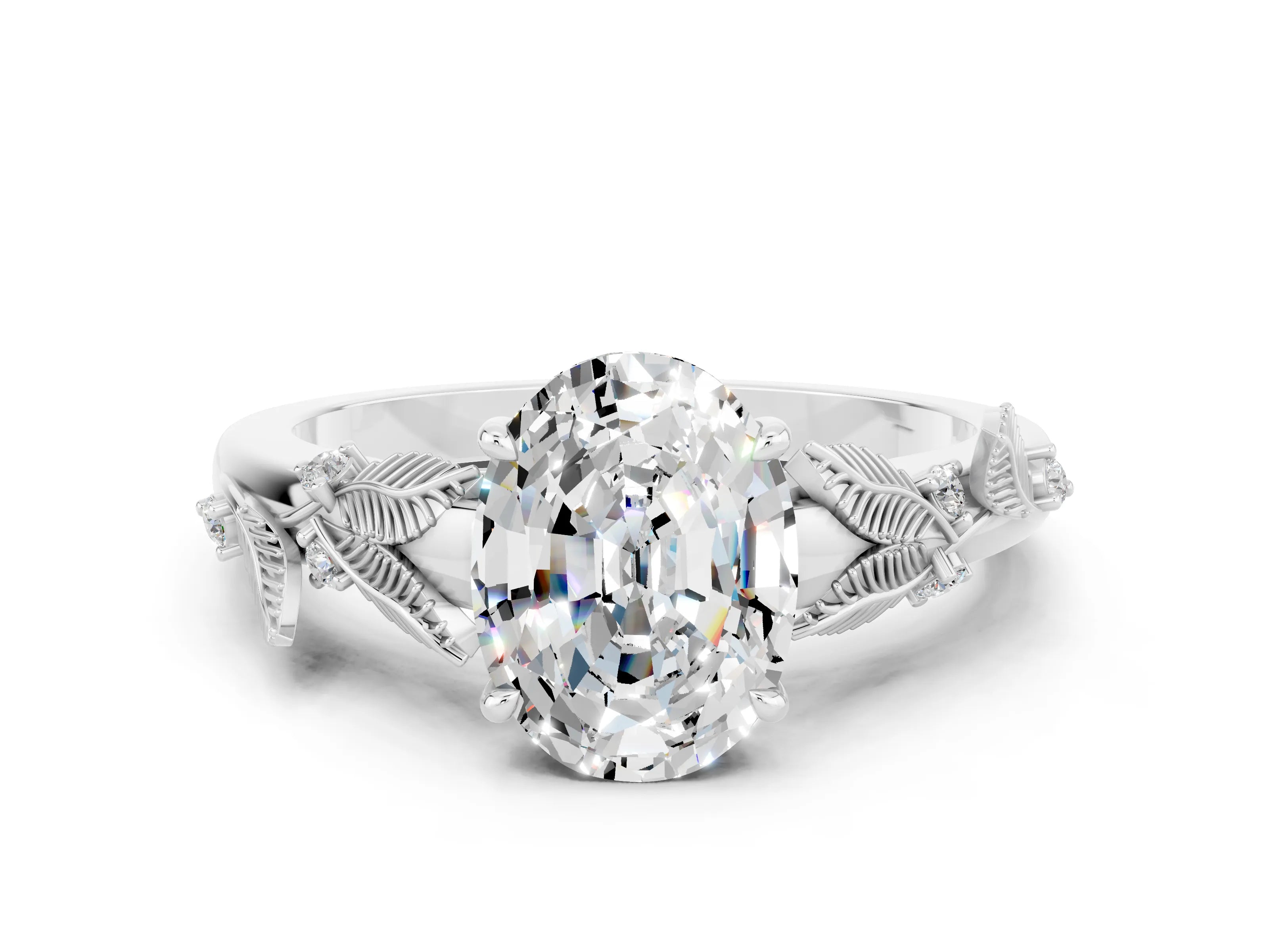 White gold Oval Cut Moissanite Solitaire Ring with Leaf Motif Band and Four-Prong Setting