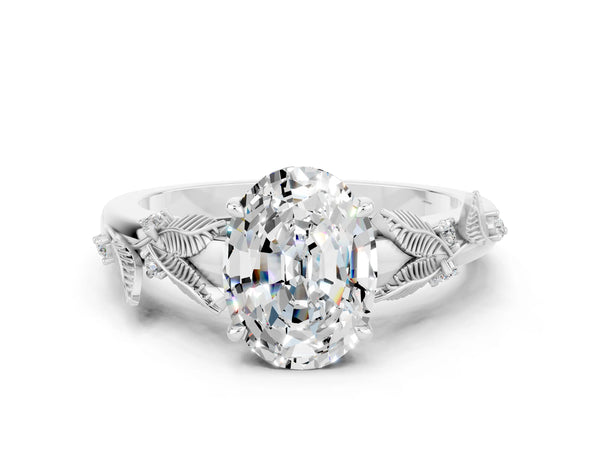 White gold Oval Cut Moissanite Solitaire Ring with Leaf Motif Band and Four-Prong Setting