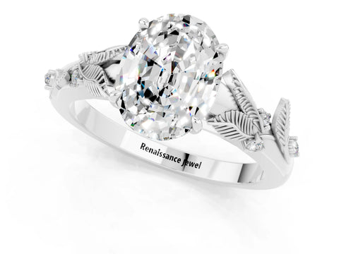 White gold Oval Cut Moissanite Solitaire Ring with Leaf Motif Band and Four-Prong Setting_13