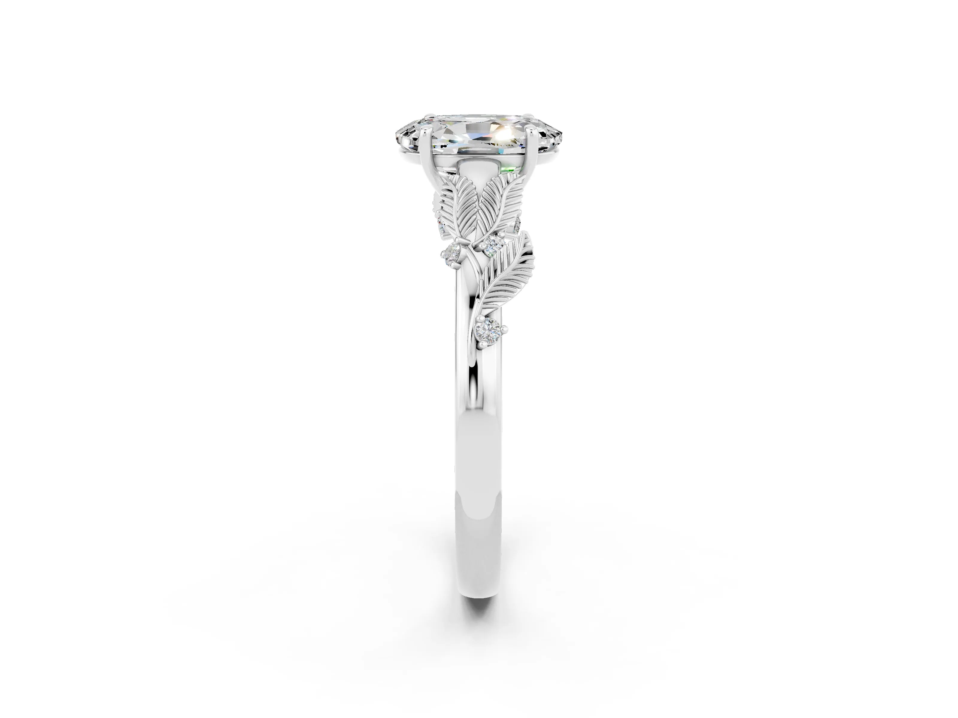 White gold Oval Cut Moissanite Solitaire Ring with Leaf Motif Band and Four-Prong Setting_14