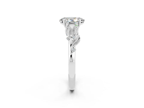 White gold Oval Cut Moissanite Solitaire Ring with Leaf Motif Band and Four-Prong Setting_2