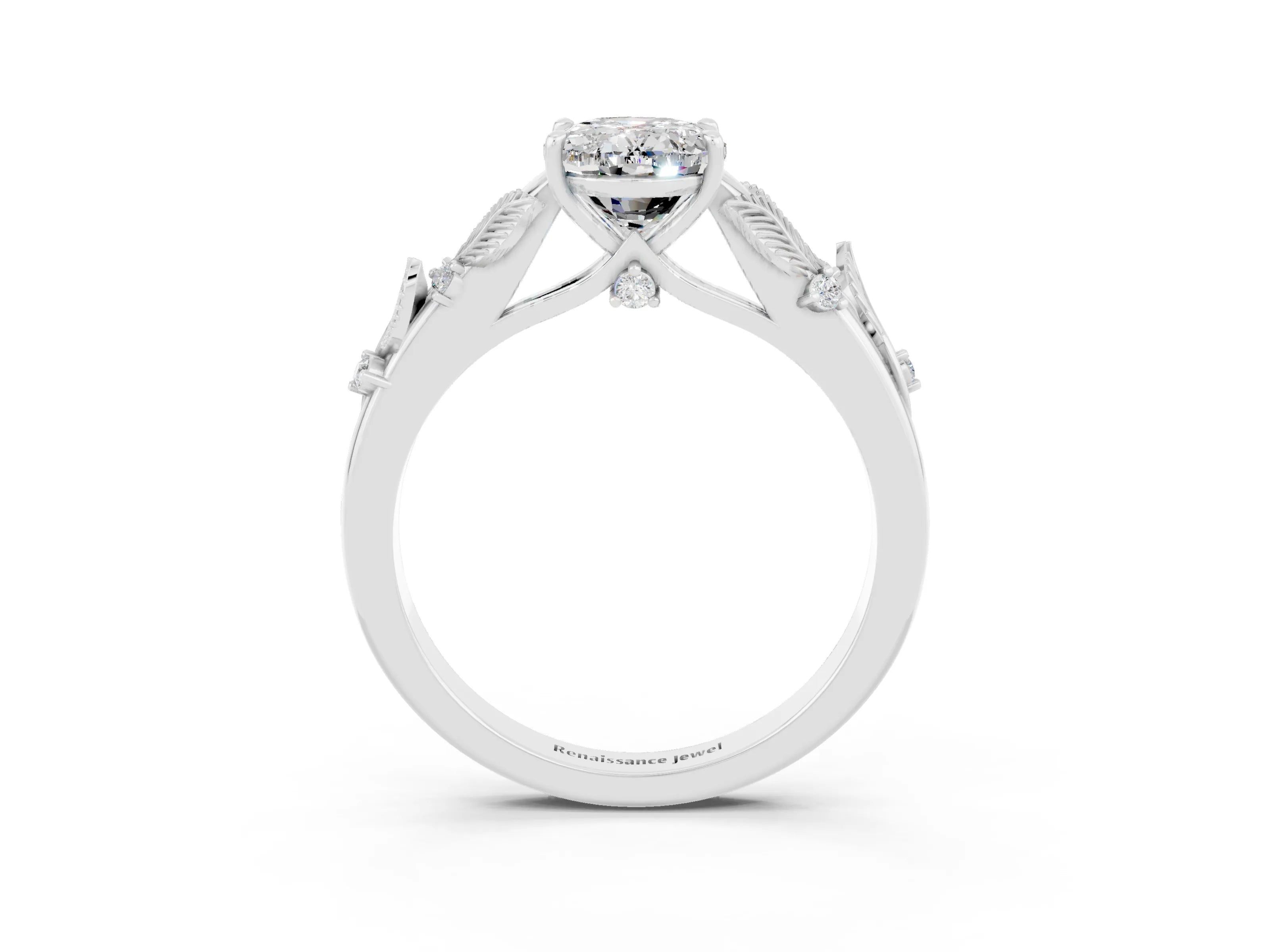 White gold Oval Cut Moissanite Solitaire Ring with Leaf Motif Band and Four-Prong Setting_3