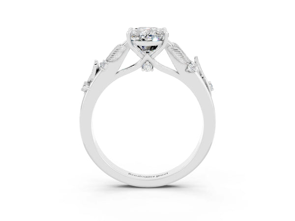 Silver Oval Cut Moissanite Solitaire Ring with Leaf Motif Band and Four-Prong Setting