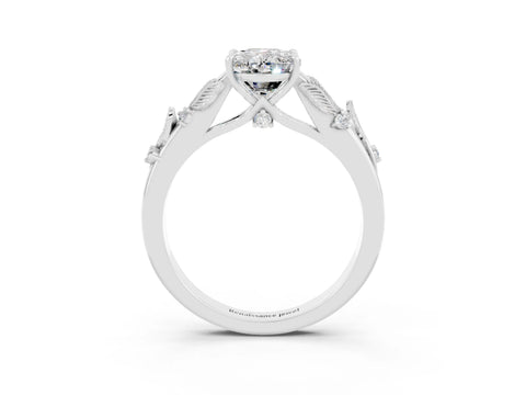 White gold Oval Cut Moissanite Solitaire Ring with Leaf Motif Band and Four-Prong Setting_3