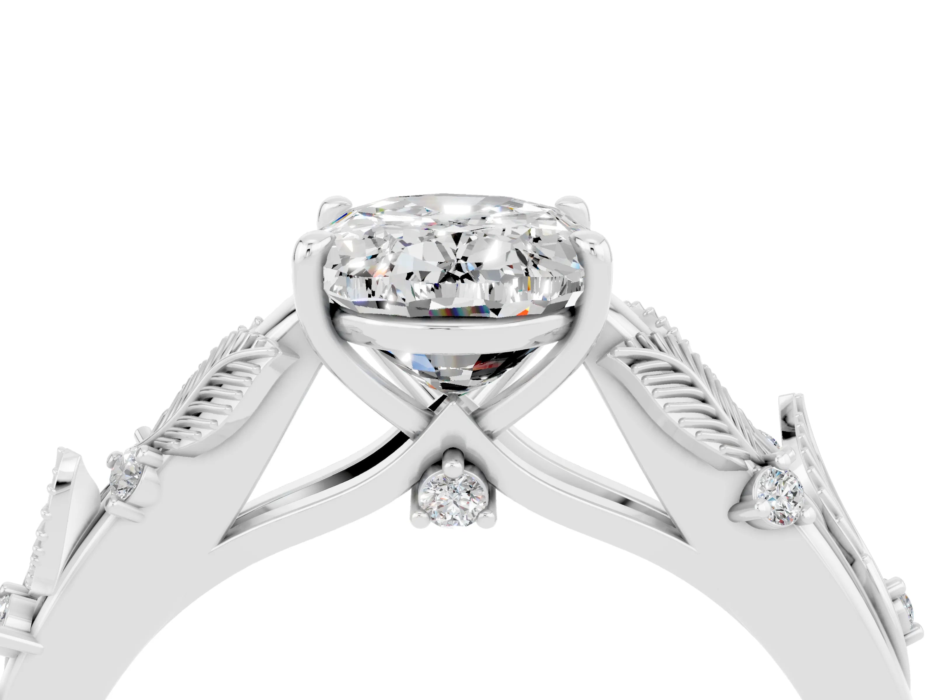 White gold Oval Cut Moissanite Solitaire Ring with Leaf Motif Band and Four-Prong Setting_4