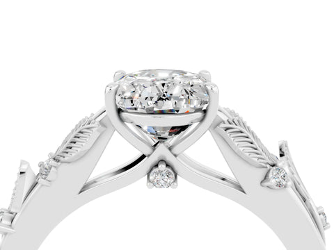 White gold Oval Cut Moissanite Solitaire Ring with Leaf Motif Band and Four-Prong Setting_4