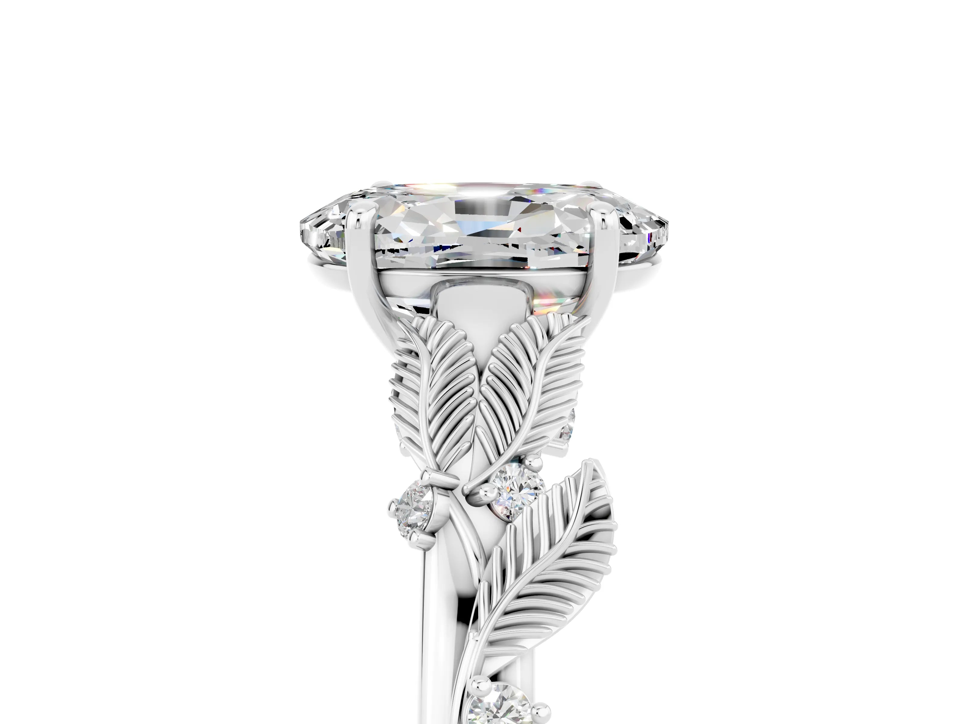 White gold Oval Cut Moissanite Solitaire Ring with Leaf Motif Band and Four-Prong Setting_5