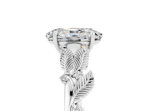 White gold Oval Cut Moissanite Solitaire Ring with Leaf Motif Band and Four-Prong Setting_5