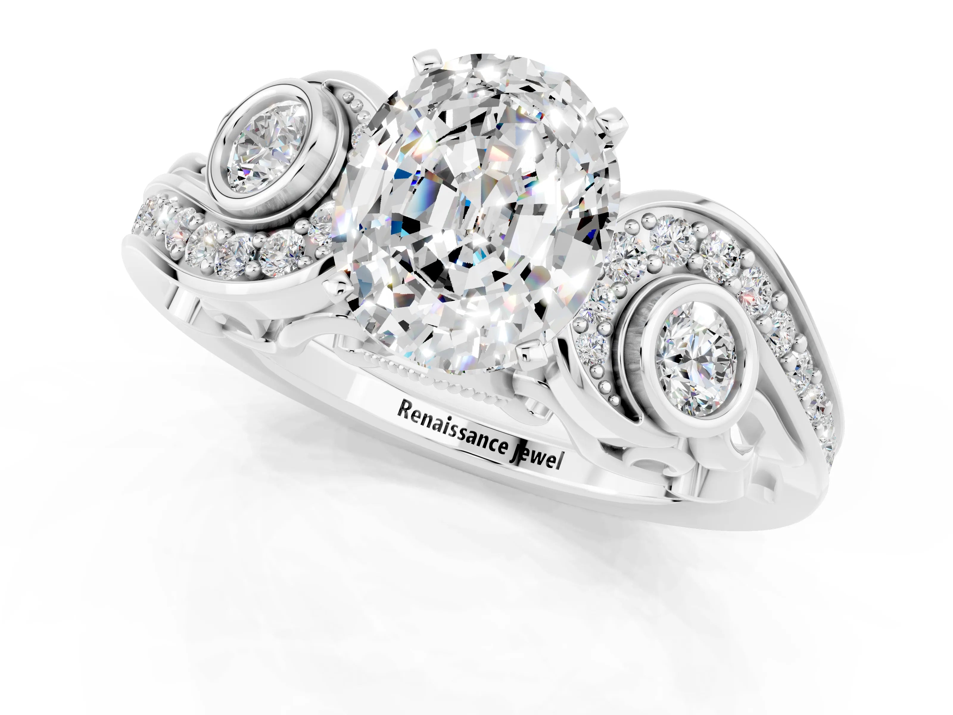 White gold Oval Cut Moissanite Solitaire Ring with Milgrain Pavé Band and Four-Prong Setting_13