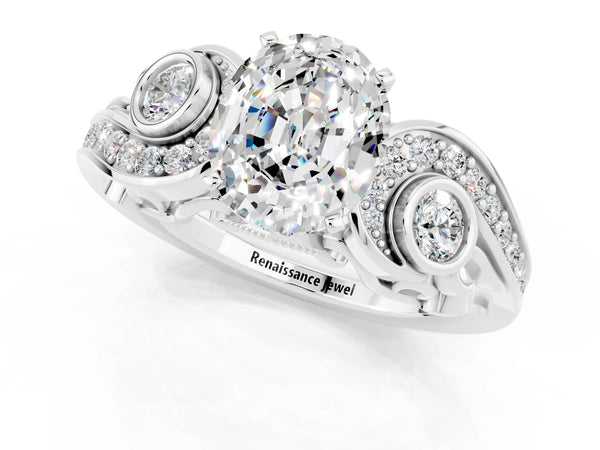 Platinum Oval Cut Moissanite Solitaire Ring with Milgrain Pavé Band and Four-Prong Setting