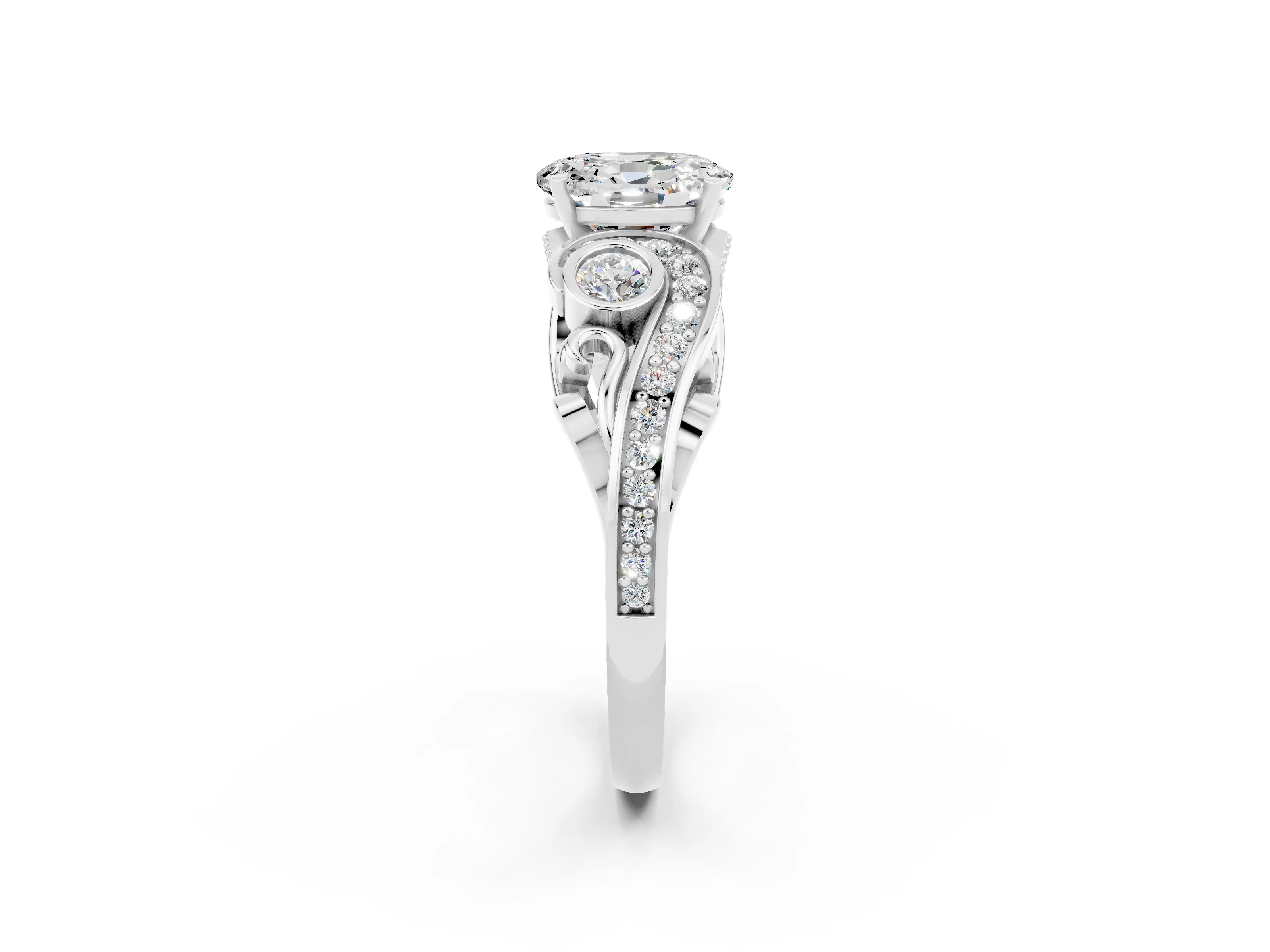 White gold Oval Cut Moissanite Solitaire Ring with Milgrain Pavé Band and Four-Prong Setting_14