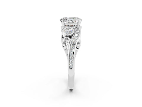 White gold Oval Cut Moissanite Solitaire Ring with Milgrain Pavé Band and Four-Prong Setting_14