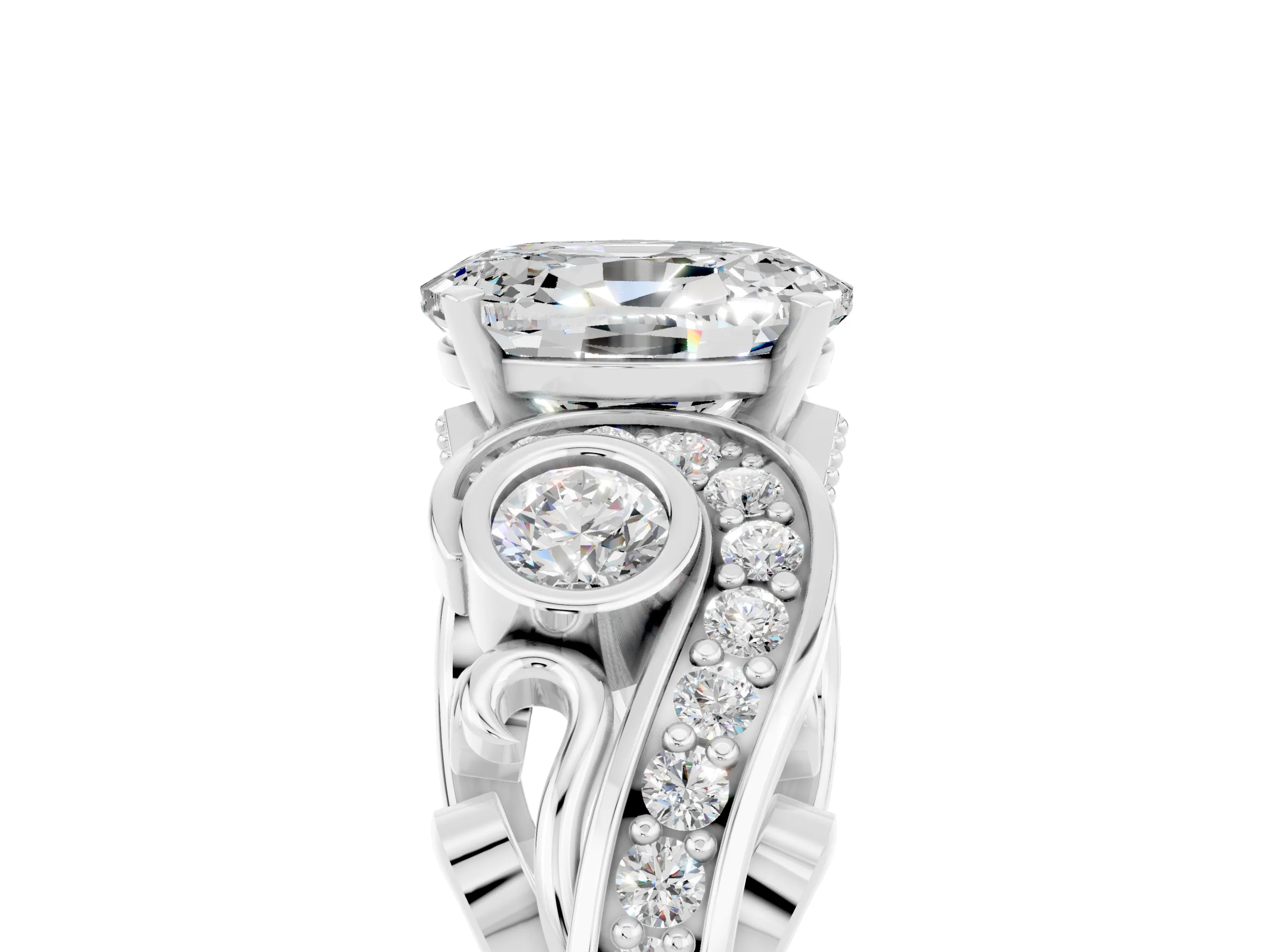 White gold Oval Cut Moissanite Solitaire Ring with Milgrain Pavé Band and Four-Prong Setting_17