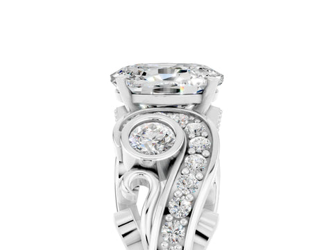 White gold Oval Cut Moissanite Solitaire Ring with Milgrain Pavé Band and Four-Prong Setting_17